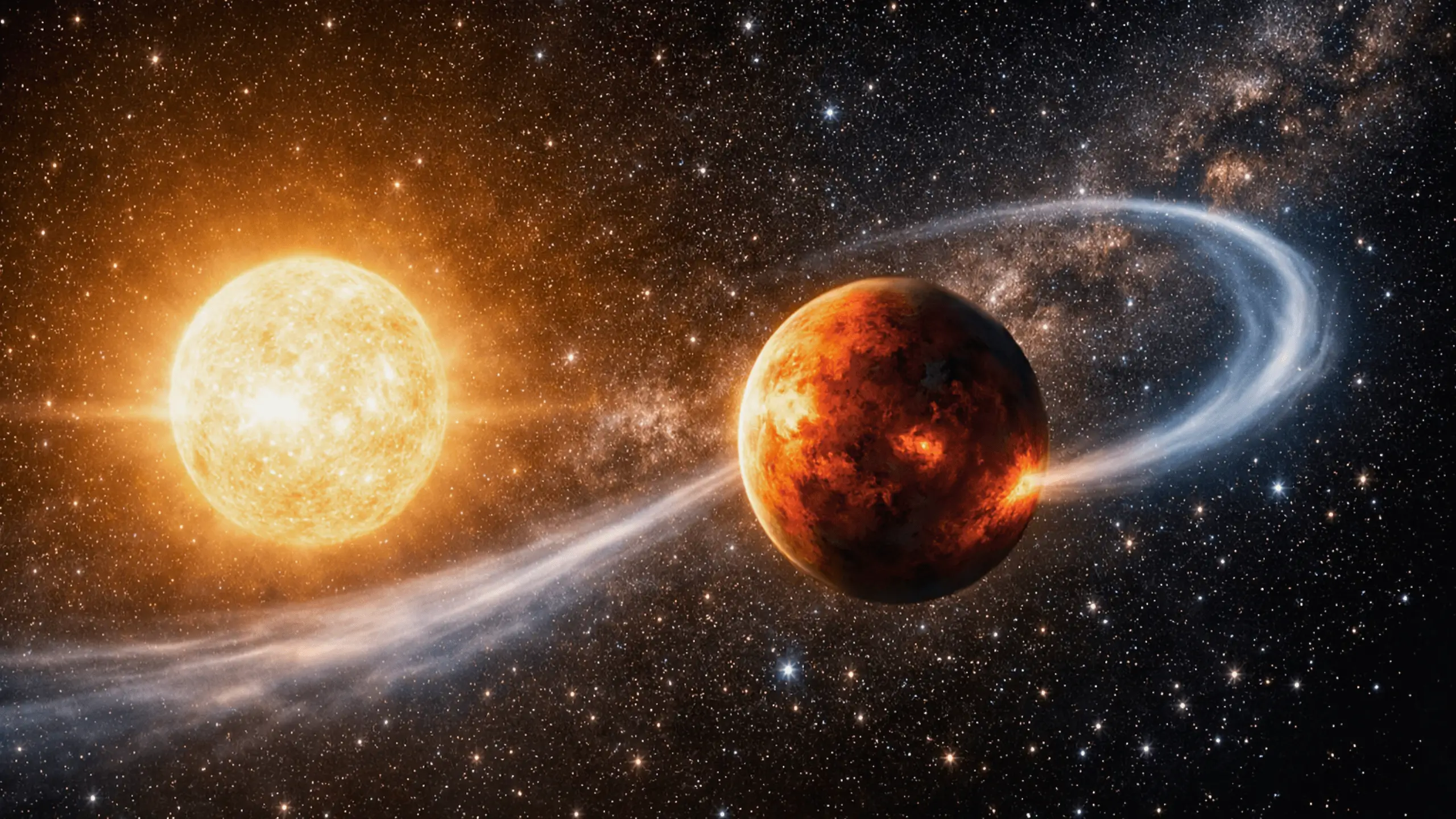 Vue photoréaliste de l’exoplanète WASP-121b avec deux longues queues de gaz s’échappant dans l’espace, près de son étoile.