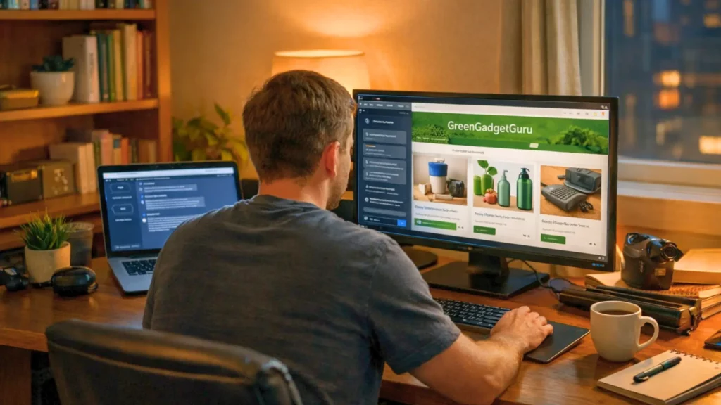 Homme de dos travaillant sur son ordinateur avec GPT-4 pour créer un business en ligne depuis son domicile