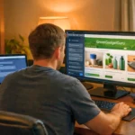 Homme de dos travaillant sur son ordinateur avec GPT-4 pour créer un business en ligne depuis son domicile