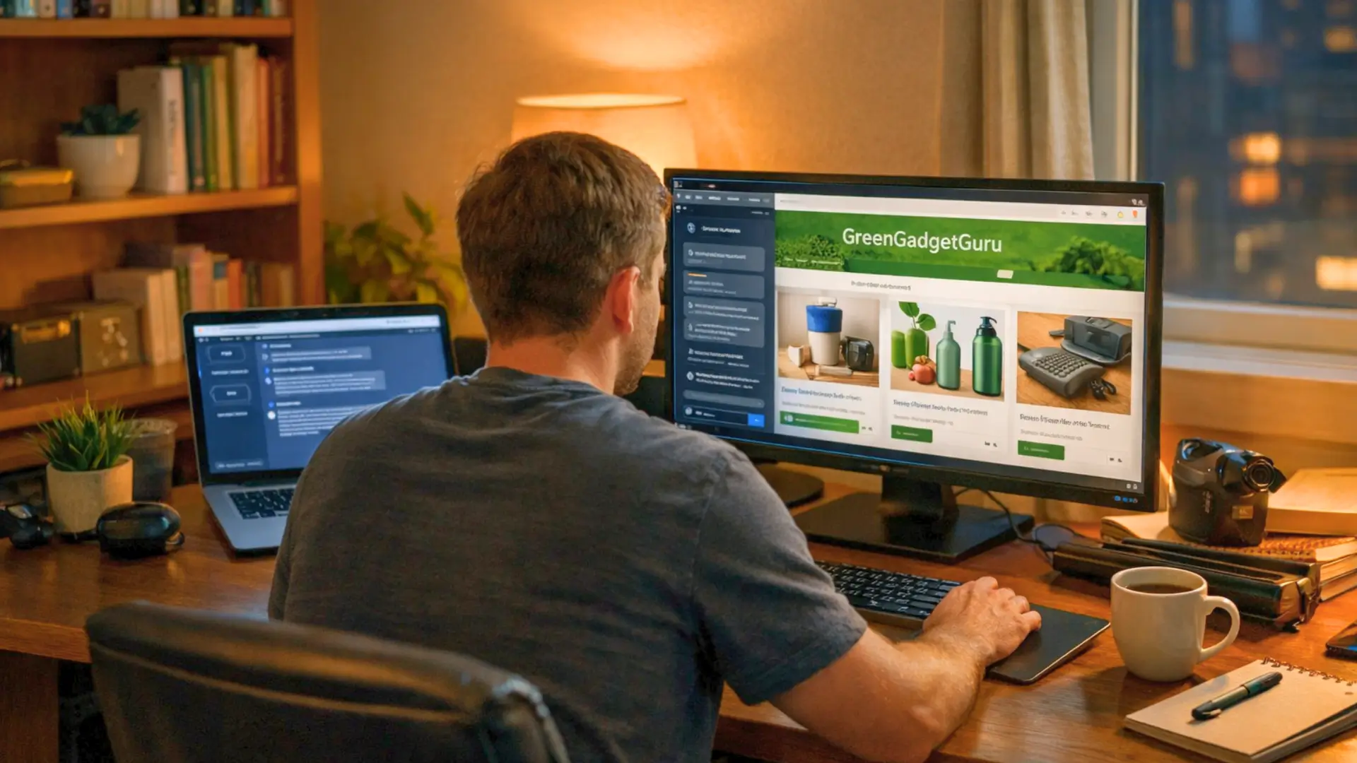 Homme de dos travaillant sur son ordinateur avec GPT-4 pour créer un business en ligne depuis son domicile