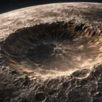 Vue de la face cachée de la Lune montrant un immense cratère d’impact ancien, aux reliefs profonds et aux ombres marquées.