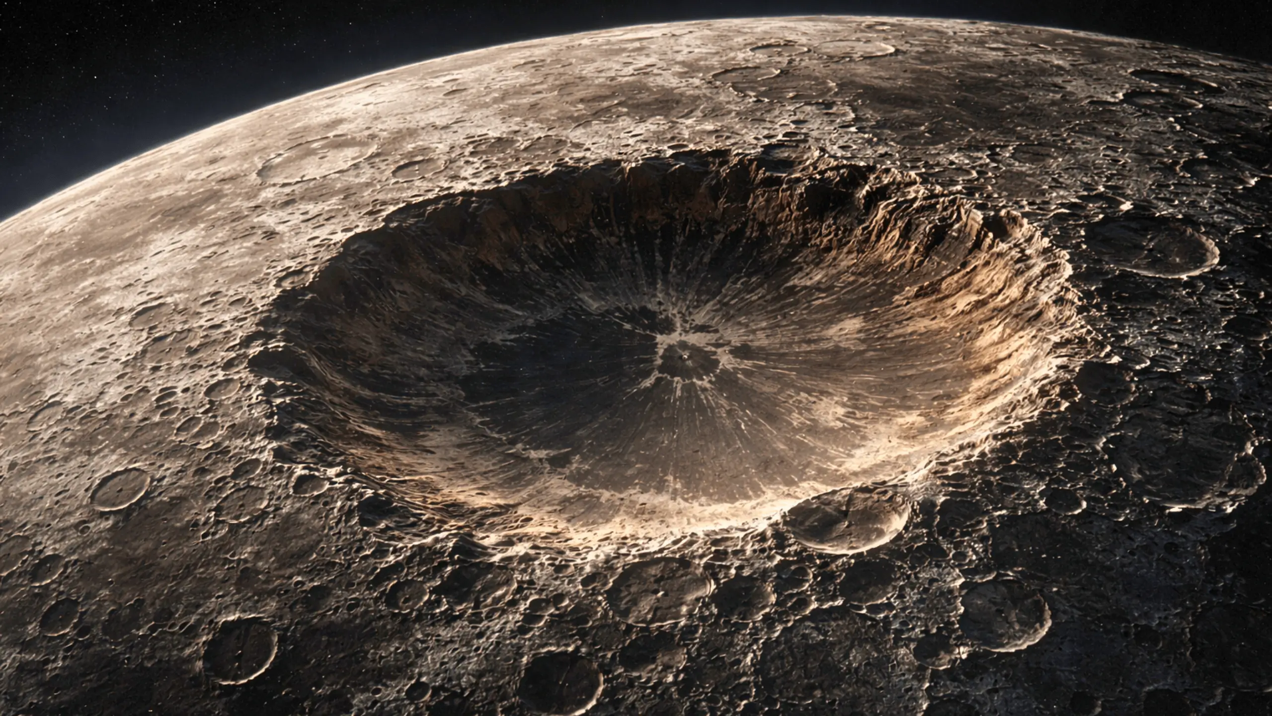 Vue de la face cachée de la Lune montrant un immense cratère d’impact ancien, aux reliefs profonds et aux ombres marquées.