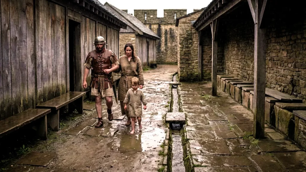 Famille en vêtements antiques marchant pieds nus dans une ruelle pavée et boueuse, entre maisons en bois et murs de pierre, dans un décor rappelant un fort romain.