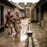 Famille en vêtements antiques marchant pieds nus dans une ruelle pavée et boueuse, entre maisons en bois et murs de pierre, dans un décor rappelant un fort romain.