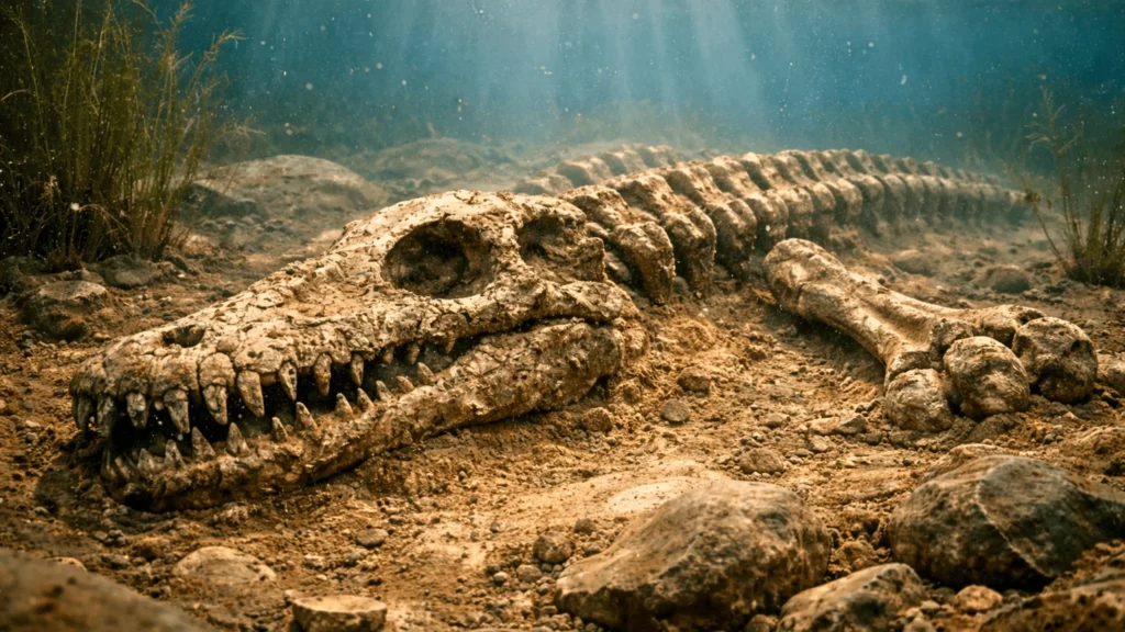 Fossile partiel de pliosaure visible sous l’eau, avec un crâne et des vertèbres émergeant des sédiments du lac d’Orient.