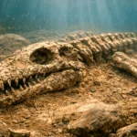 Fossile partiel de pliosaure visible sous l’eau, avec un crâne et des vertèbres émergeant des sédiments du lac d’Orient.