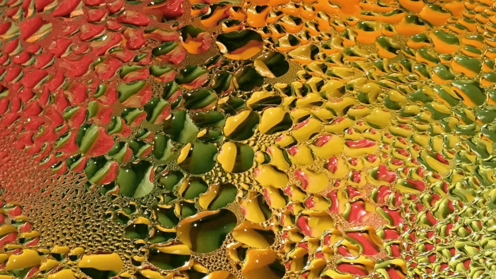 Des gouttelettes d’eau multicolores forment un motif fascinant sous un couvercle, évoquant une cellule ou une œuvre d’art.
