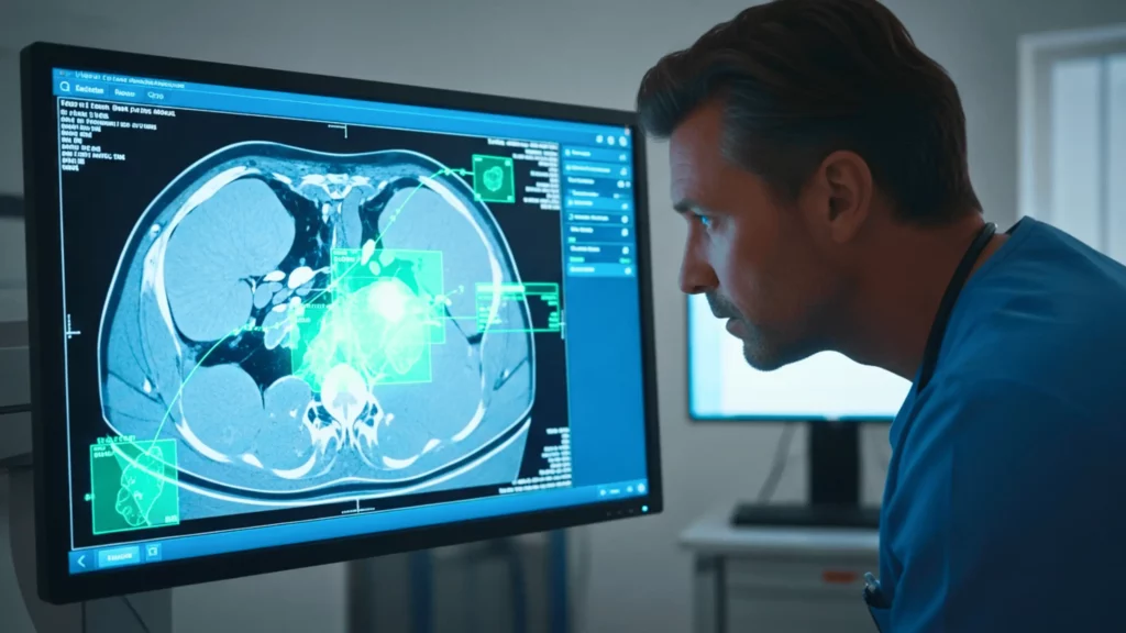Un médecin analyse un scanner thoracique sur un écran, tandis qu’une interface d’intelligence artificielle met en évidence des zones suspectes de cancer.