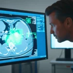Un médecin analyse un scanner thoracique sur un écran, tandis qu’une interface d’intelligence artificielle met en évidence des zones suspectes de cancer.