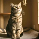 Chatte tigrée assise dans un refuge, regardant la lumière près d’une fenêtre, après plusieurs années sans adoption
