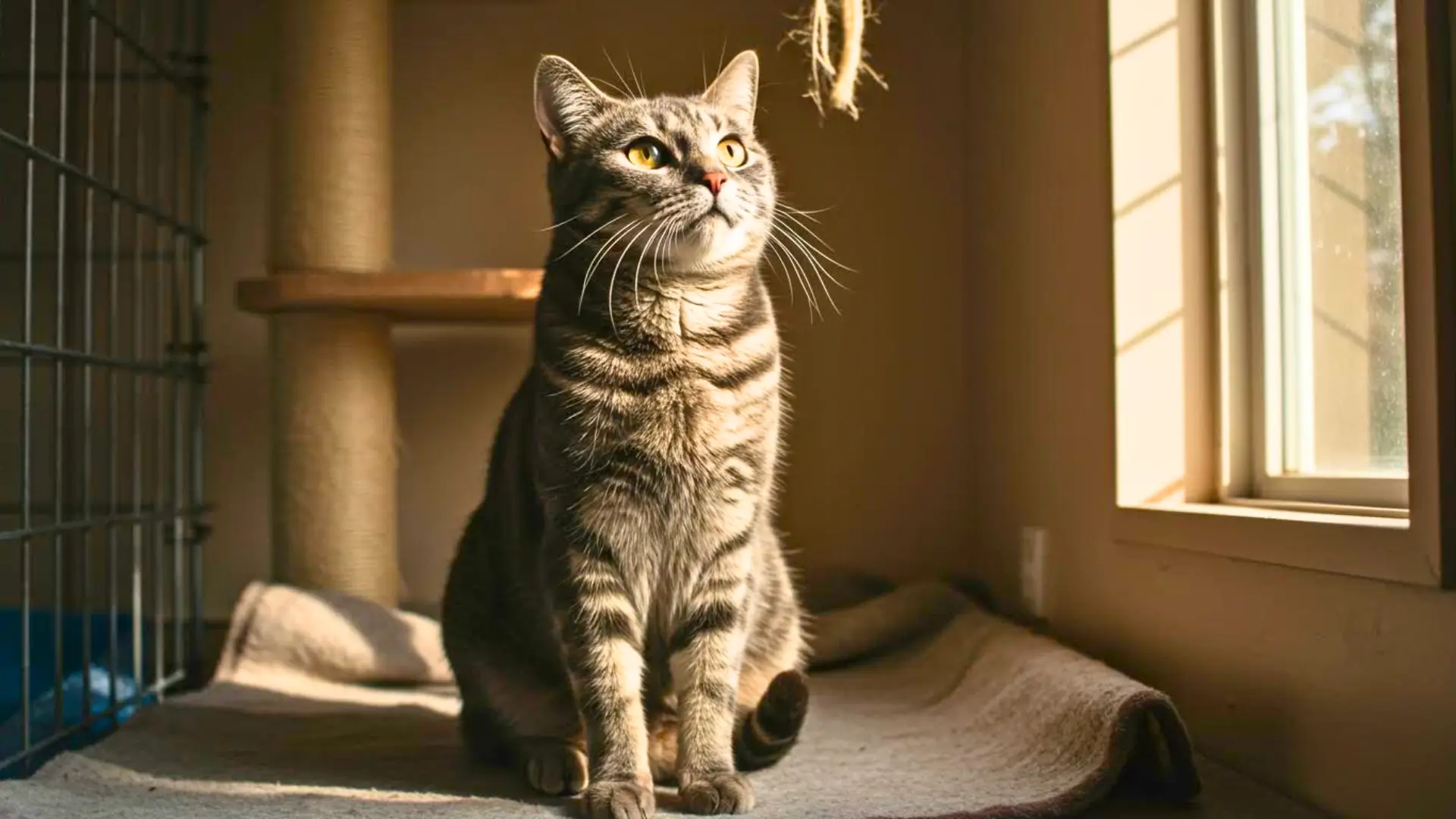 Chatte tigrée assise dans un refuge, regardant la lumière près d’une fenêtre, après plusieurs années sans adoption