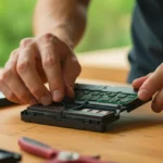 Démontage d’une batterie d’ordinateur portable pour récupérer des cellules lithium-ion recyclées