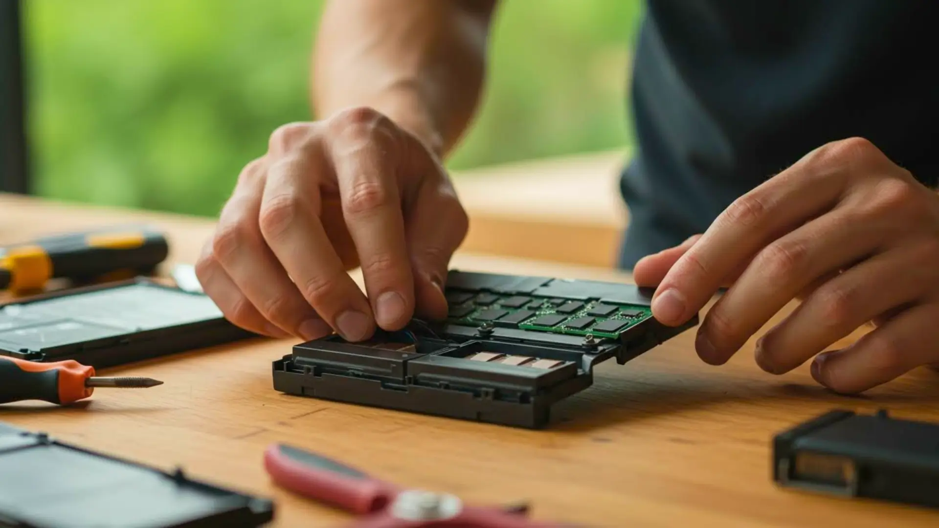 Démontage d’une batterie d’ordinateur portable pour récupérer des cellules lithium-ion recyclées