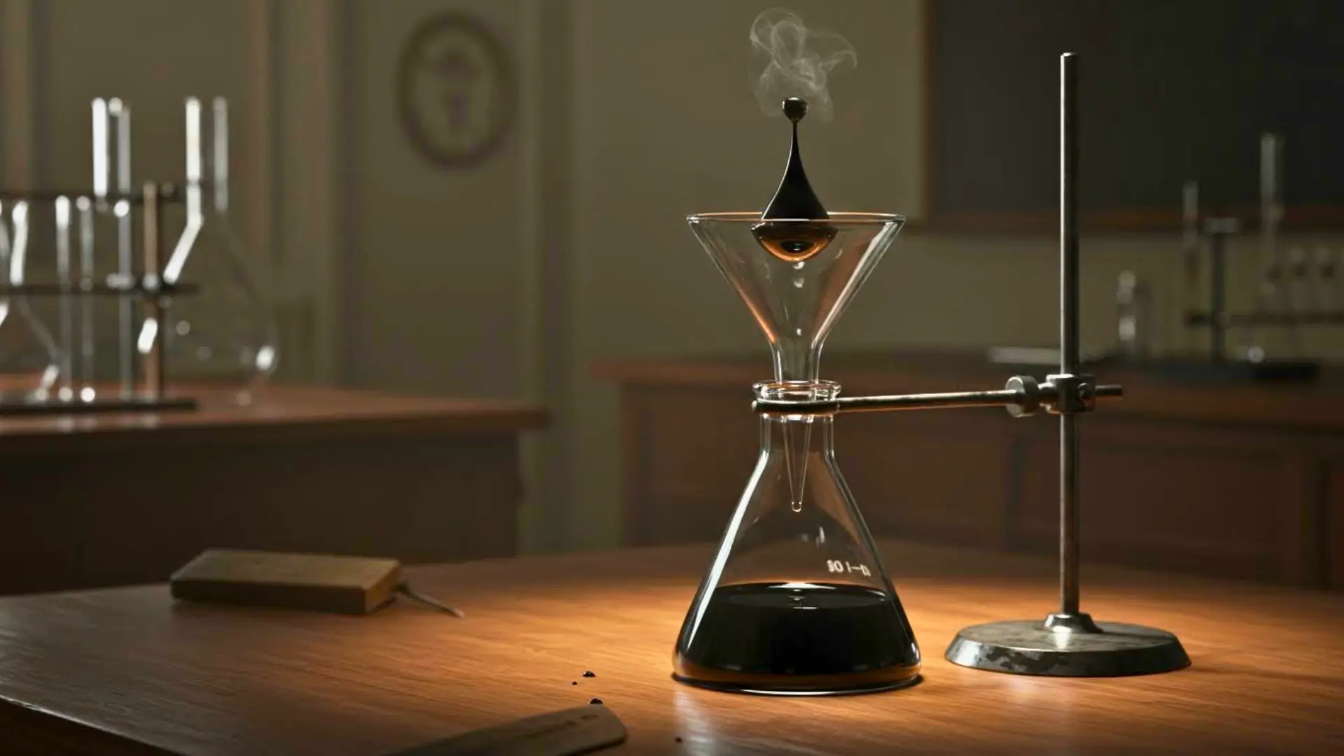 Dispositif de l’expérience de la poix montrant un liquide noir très visqueux s’écoulant lentement dans un bécher de laboratoire