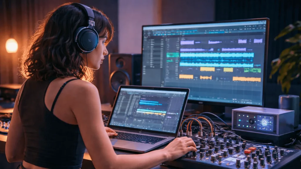 Artiste de musique électronique travaillant sur un ordinateur portable dans un studio moderne, équipée d’un synthétiseur modulaire, d’une interface audio et d’un écran affichant un logiciel de production musicale, sous une lumière bleutée.