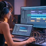 Artiste de musique électronique travaillant sur un ordinateur portable dans un studio moderne, équipée d’un synthétiseur modulaire, d’une interface audio et d’un écran affichant un logiciel de production musicale, sous une lumière bleutée.