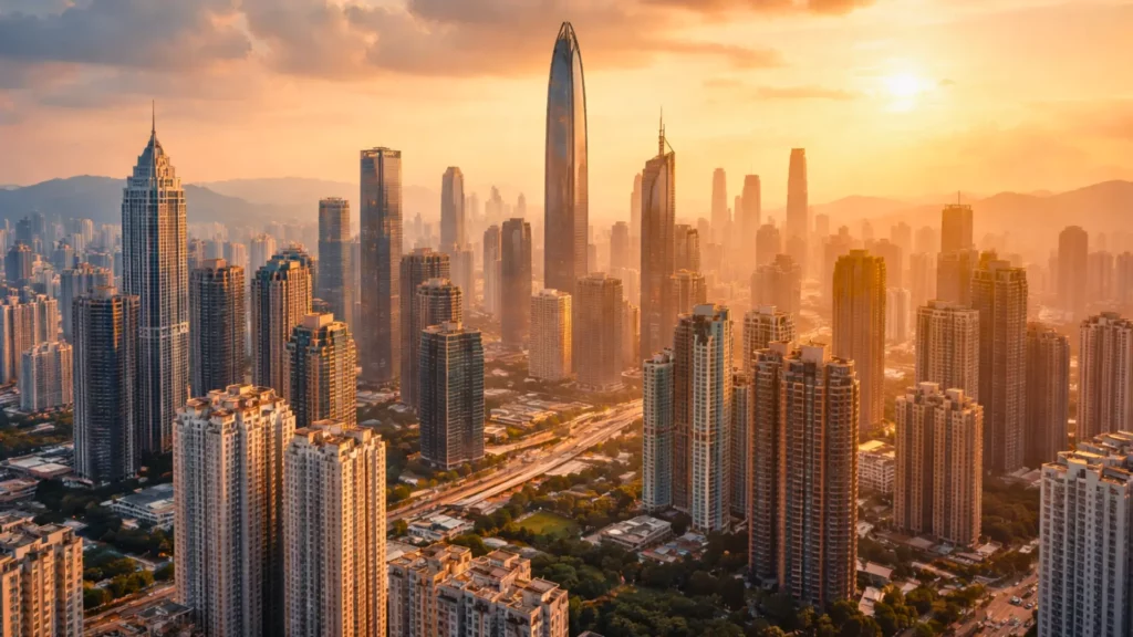 Panorama des gratte-ciel de Shenzhen au coucher du soleil illustrant l’urbanisation verticale et la densité extrême des villes chinoises