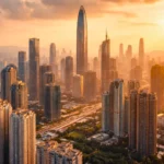 Panorama des gratte-ciel de Shenzhen au coucher du soleil illustrant l’urbanisation verticale et la densité extrême des villes chinoises