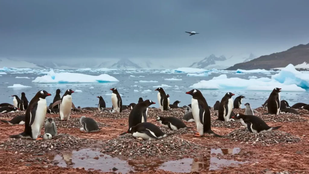 Colonie de manchots antarctiques en période de reproduction, entourée de glace fondante, illustrant l’impact du réchauffement climatique sur leur habitat naturel.