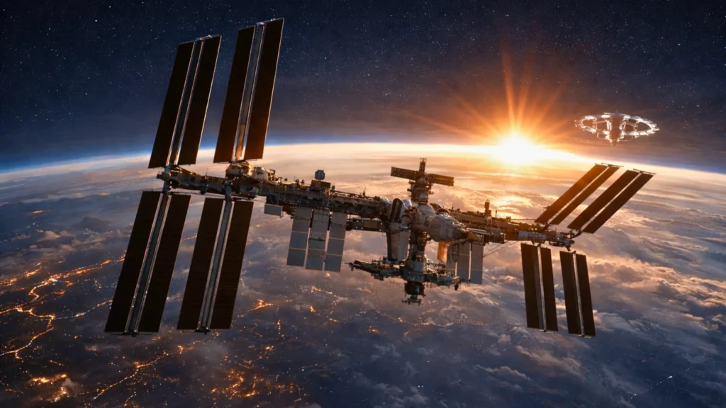 La Station spatiale internationale survolant la Terre au crépuscule, avec en arrière-plan des structures spatiales futuristes floues.