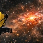 Le télescope James Webb en orbite pointe vers une galaxie lointaine brillante, baignée de gaz cosmiques.