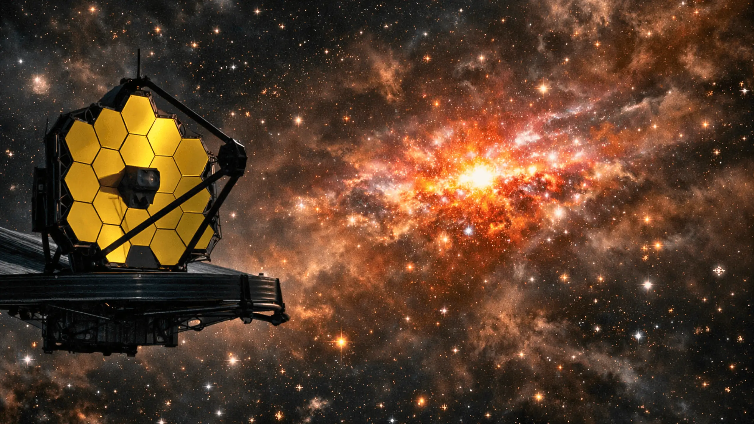 Le télescope James Webb en orbite pointe vers une galaxie lointaine brillante, baignée de gaz cosmiques.
