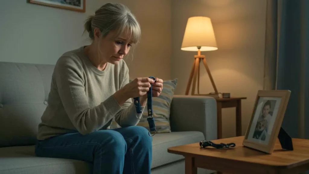 Femme assise sur un canapé tenant le collier de son chien décédé, face à une photo encadrée, illustrant le deuil animalier et la douleur émotionnelle.