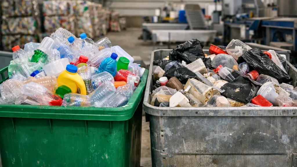 Bacs de recyclage contenant des bouteilles et emballages plastiques, dont une partie destinée à l’incinération dans un centre de tri des déchets.