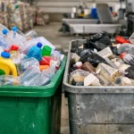 Bacs de recyclage contenant des bouteilles et emballages plastiques, dont une partie destinée à l’incinération dans un centre de tri des déchets.