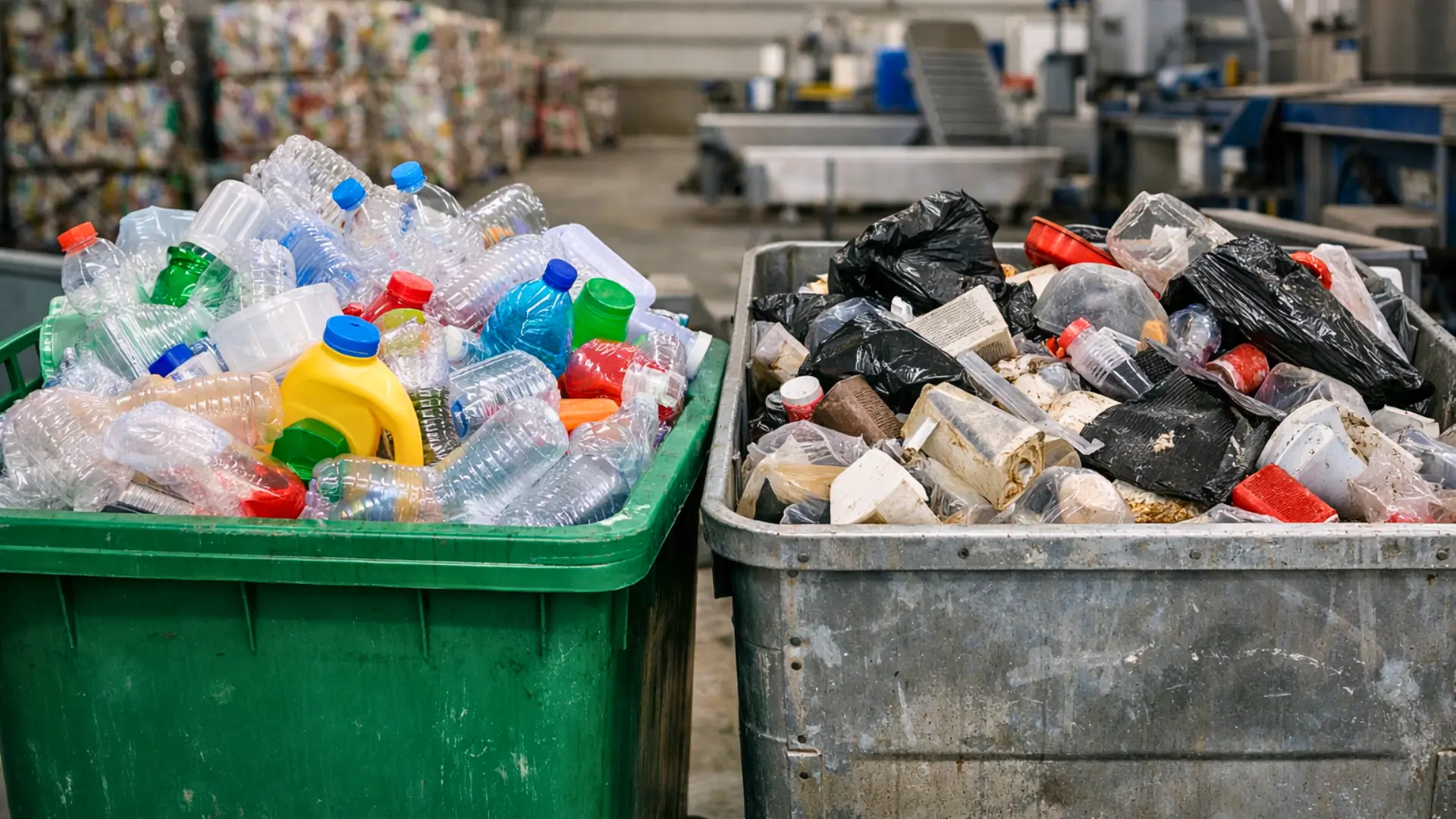 Bacs de recyclage contenant des bouteilles et emballages plastiques, dont une partie destinée à l’incinération dans un centre de tri des déchets.