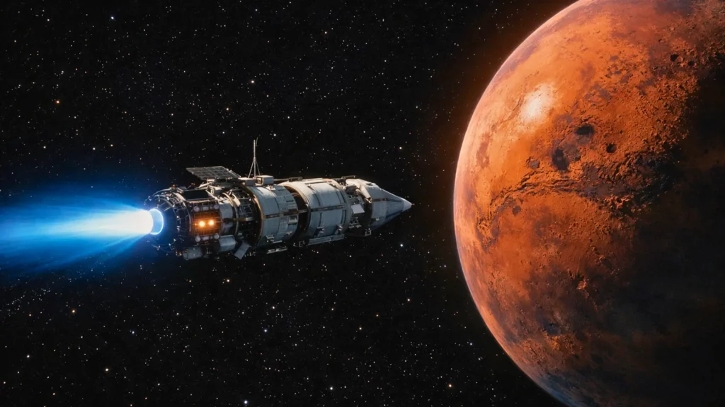 Vaisseau spatial équipé d’un moteur à propulsion avancée se dirigeant vers la planète Mars dans l’espace