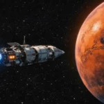 Vaisseau spatial équipé d’un moteur à propulsion avancée se dirigeant vers la planète Mars dans l’espace