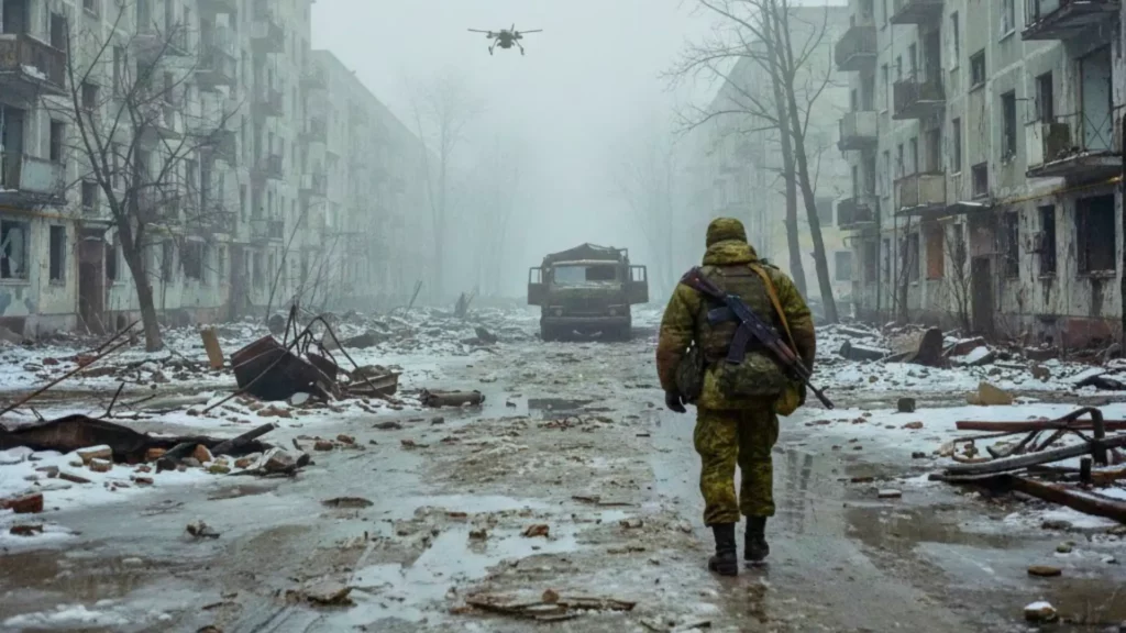 Soldat russe avançant dans une ville ukrainienne détruite en hiver, au milieu des ruines et de la neige, symbole des difficultés logistiques de l’offensive russe.