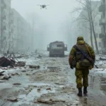 Soldat russe avançant dans une ville ukrainienne détruite en hiver, au milieu des ruines et de la neige, symbole des difficultés logistiques de l’offensive russe.