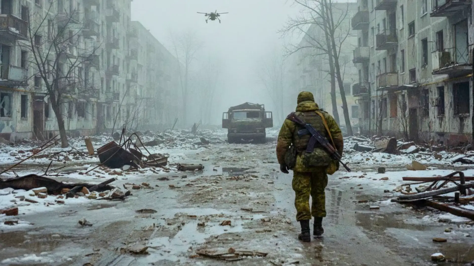 Soldat russe avançant dans une ville ukrainienne détruite en hiver, au milieu des ruines et de la neige, symbole des difficultés logistiques de l’offensive russe.