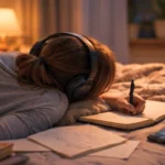 Adolescente allongée sur son lit, portant un casque audio, écrivant dans un carnet dans une chambre tamisée, illustrant une pratique de projection mentale.