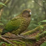 Kakapo, perroquet nocturne vert au plumage moucheté, observé dans une forêt humide de Nouvelle-Zélande
