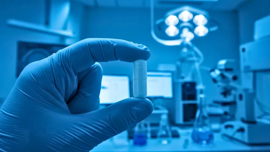Gélule de médicament tenue par une main gantée dans un laboratoire médical high-tech illustrant un traitement conçu par intelligence artificielle