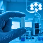 Gélule de médicament tenue par une main gantée dans un laboratoire médical high-tech illustrant un traitement conçu par intelligence artificielle