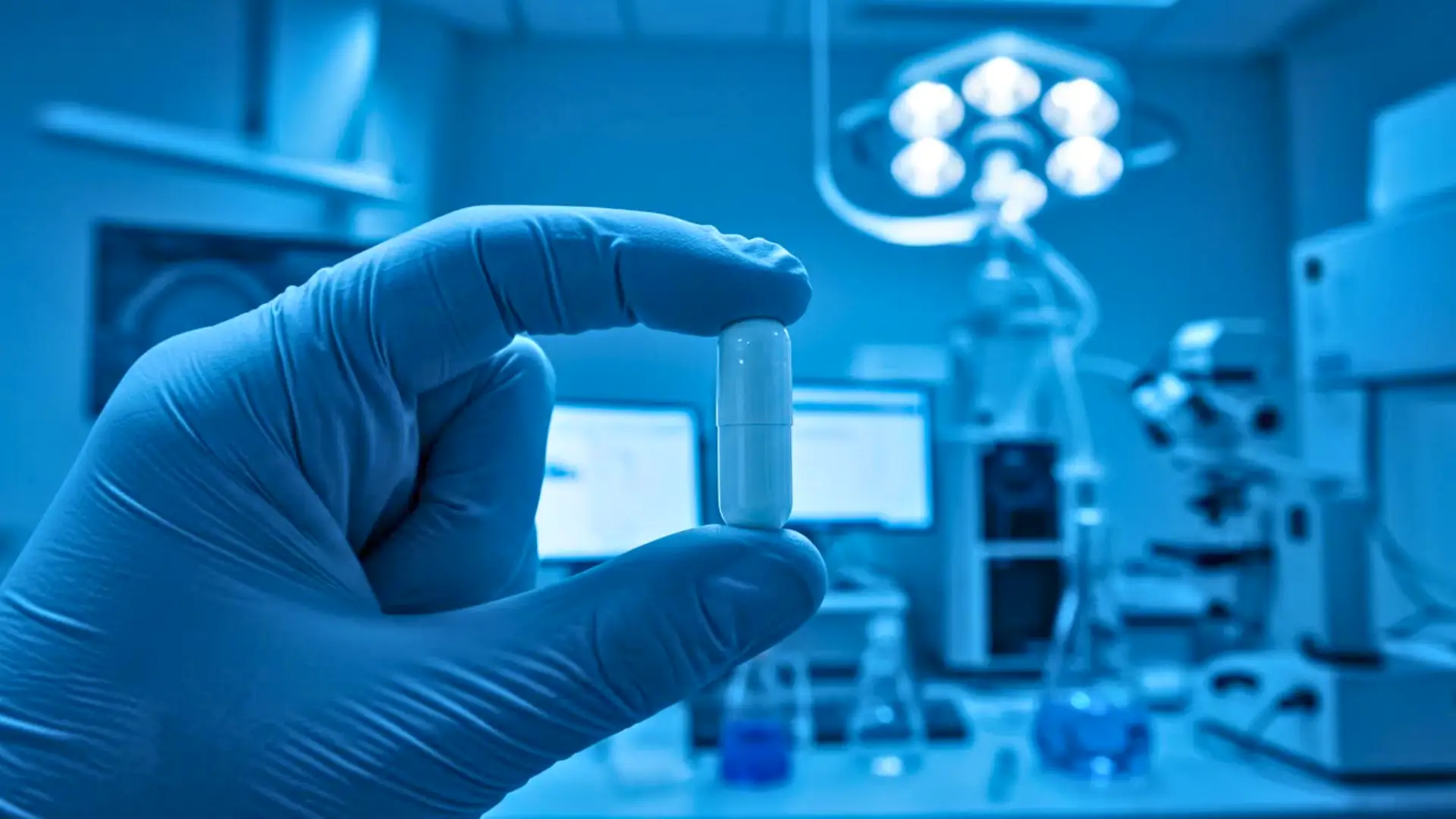 Gélule de médicament tenue par une main gantée dans un laboratoire médical high-tech illustrant un traitement conçu par intelligence artificielle