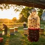 Piège anti-frelons artisanal suspendu à un arbre, capturant des frelons asiatiques à proximité de ruches au coucher du soleil