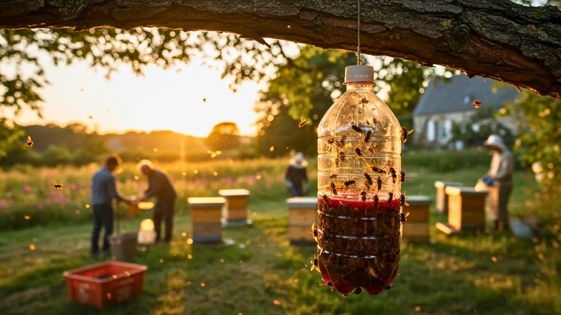 Piège anti-frelons artisanal suspendu à un arbre, capturant des frelons asiatiques à proximité de ruches au coucher du soleil