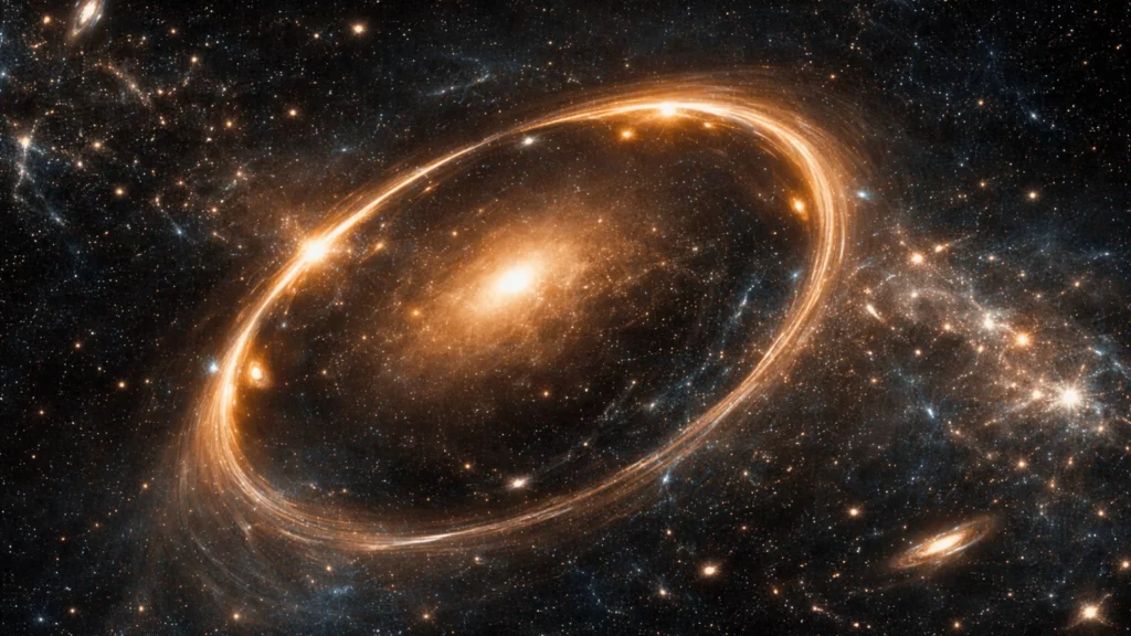 Arc lumineux formé par une lentille gravitationnelle autour d’une galaxie massive, révélé dans les archives du télescope Hubble.