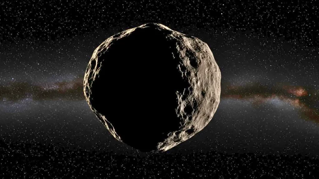 Astéroïde rocheux dérivant dans l’espace, éclairé par le Soleil, symbolisant les ressources minérales extraterrestres