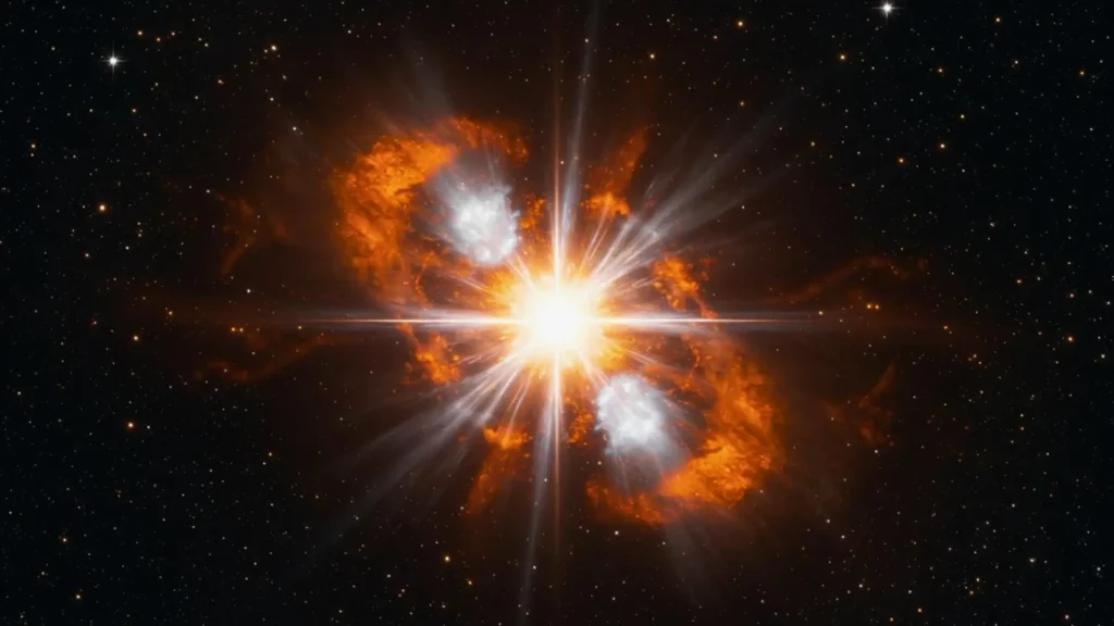 Supernova de type Ia explosant dans l’espace, émettant une lumière intense utilisée pour étudier l’expansion de l’Univers et l’énergie noire.