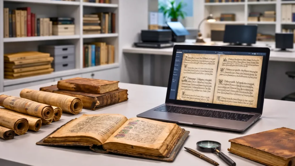 Manuscrits médiévaux anciens et livres reliés disposés sur une table, à côté d’un ordinateur affichant leur transcription numérique dans un environnement de bibliothèque moderne.