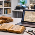 Manuscrits médiévaux anciens et livres reliés disposés sur une table, à côté d’un ordinateur affichant leur transcription numérique dans un environnement de bibliothèque moderne.
