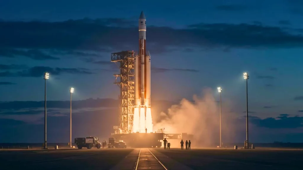 Fusée spatiale sur le pas de tir, moteurs allumés de nuit, illustrant la propulsion avancée et le rôle de l’intelligence artificielle dans les missions vers Mars.