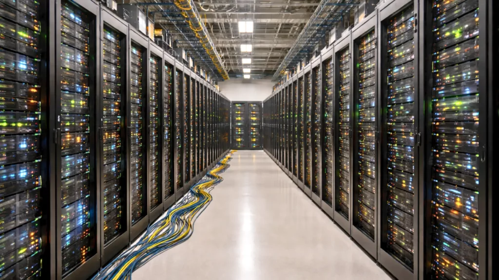 Allée de serveurs dans un data center moderne, illustrant la consommation énergétique élevée des infrastructures dédiées à l’intelligence artificielle.