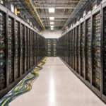 Allée de serveurs dans un data center moderne, illustrant la consommation énergétique élevée des infrastructures dédiées à l’intelligence artificielle.